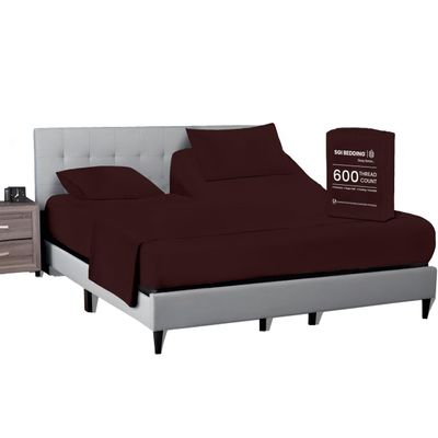 SGI bedding 34" King Split Top Flex Head Sheet 100% Egyptian Cotton Sheet Set - 600 Thread Count Flex Top Sheet Adjustable Bed - 4 Piece Sheet Set 15" Deep Pocket Sleep Number Bed - Chocolate Solid