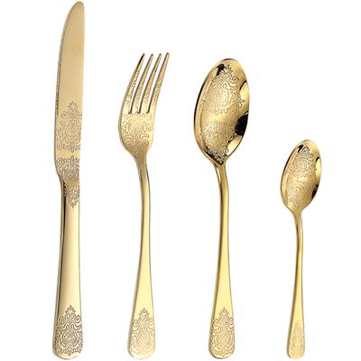 Gold Floral Silverware Set Bordered Flatware Sets 16 Piece Cutlery Service for 4 Tableware Set for Kitchen Mirror Polished