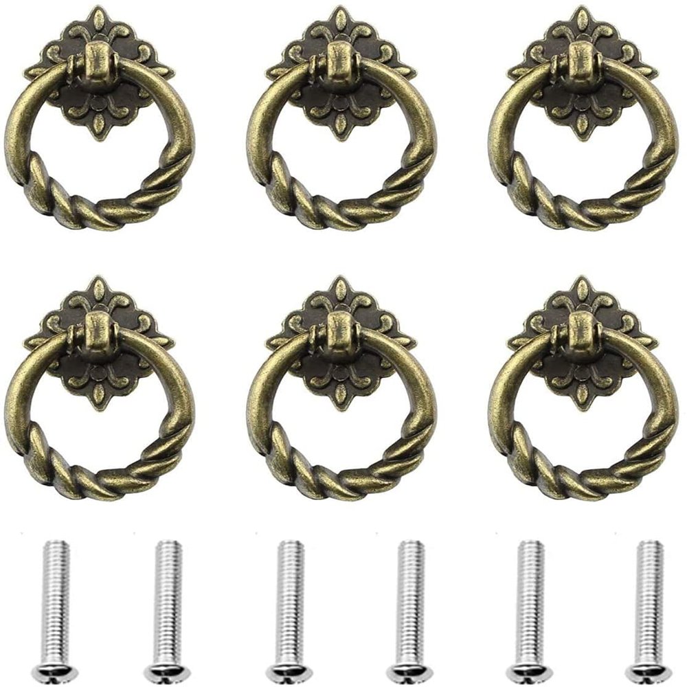 Vintage Pull Handles,Hardware Knob,Furniture Handles,6Pcs Ring Pull Handles Zinc Alloy Cabinet Pull Handle Knob Drawer Dresser Single Hole Drop Pull Handles Furniture for Cupboard Closet Wardrobe