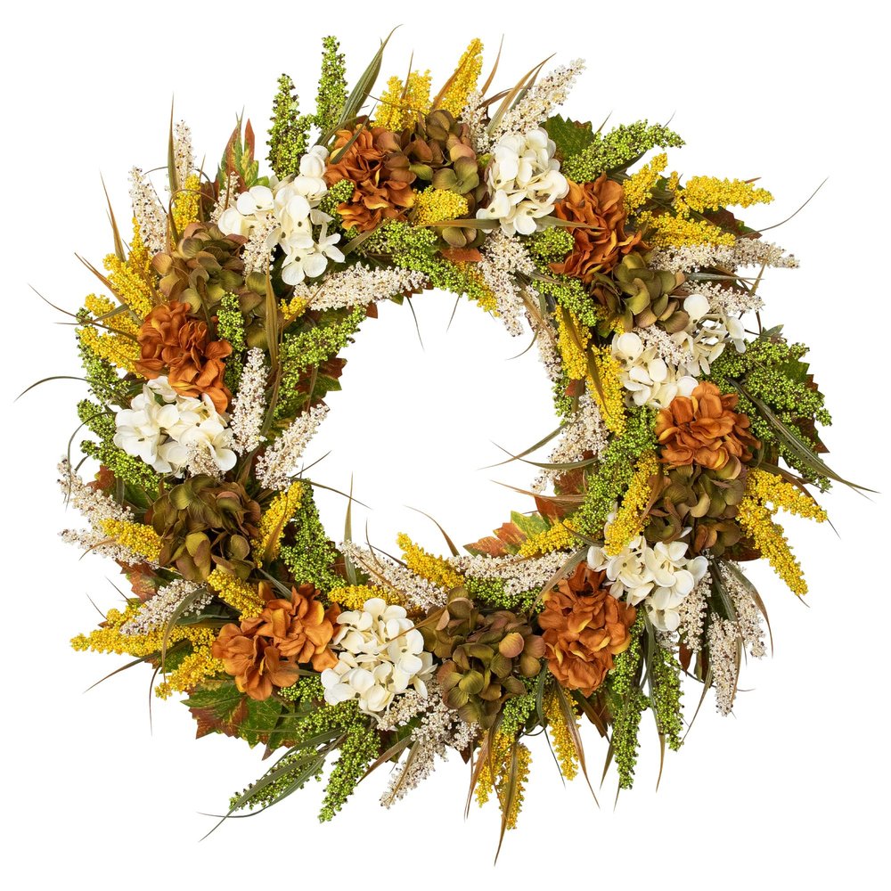 Hydrangeas and Pip Berry Clusters Floral Artificial Fall Harvest Wreath - 28"