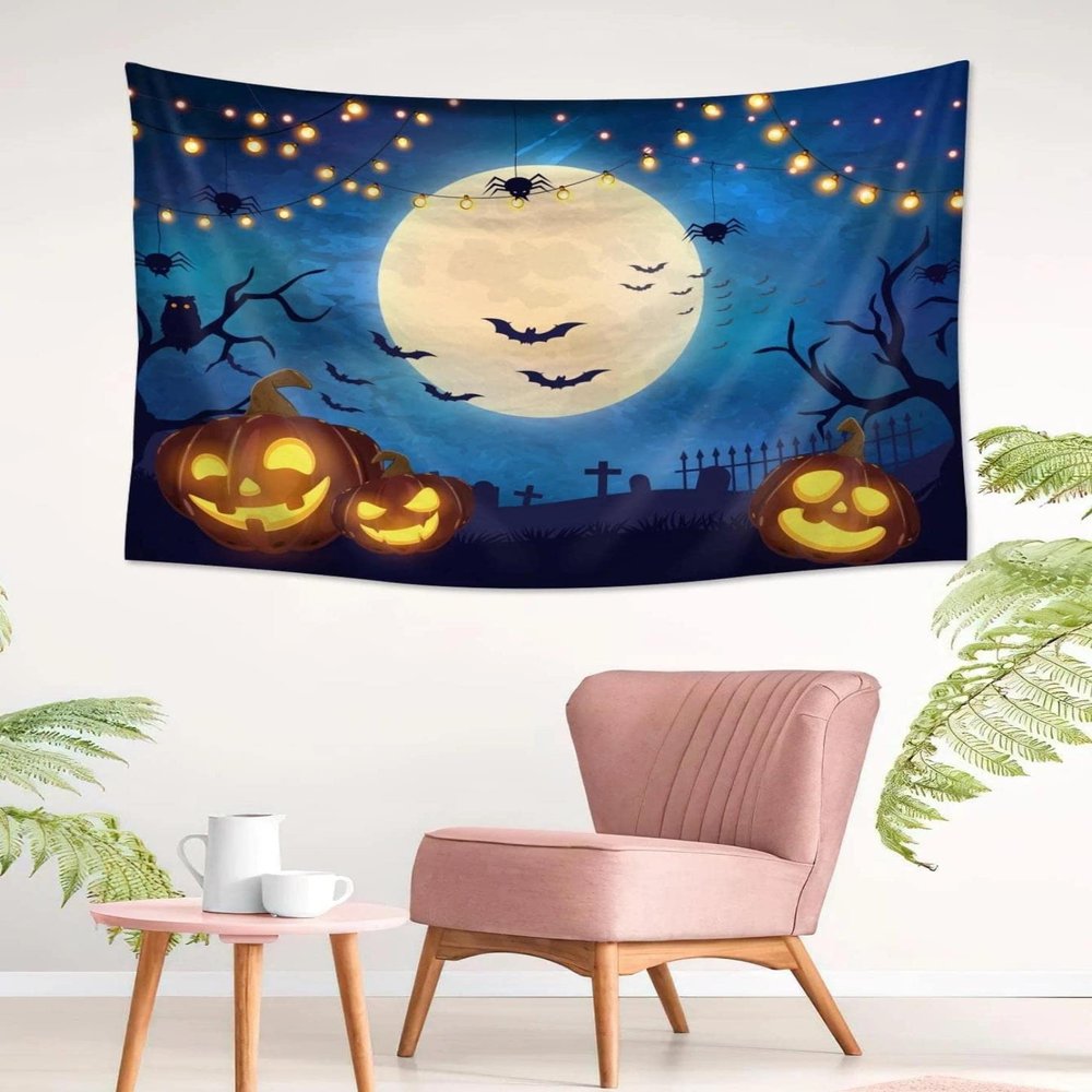 Halloween Tapestry Poster Wall Hanging Horror Movie Friday Tapestry, Halloween Pumpkin Pattern Tapestry, Halloween Wall Tapestry Horror Decor for Bedroom, Living Room (51.2x59.1 in)
