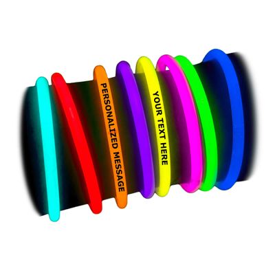 GlowLights 50 x Personalized 8' Glow Bracelets Light Sticks, Wedding & Birthday Party Favors, Imprinted w/YOUR MESSAGE (001 Assorted), Assorted,Blue,Orange,Pink,Purple