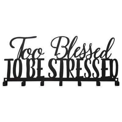 African American Expressions Too Blessed to Be Stressed Metal Home Wall Organizers for Keys, Masks, Kitchen Accessories (12" W x 5.25" H x 0.75" D) KH-04