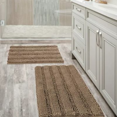 1 Piece Stylish Taupe Bathroom Rugs Non Slip 20 x 32 Plus 17" x 24" Size Shaggy Striped Extra Thick Luxurious Soft Tufted Surface Elegant Style Quick Dry Extra Absorbent | Pretty Brown Shade Durable