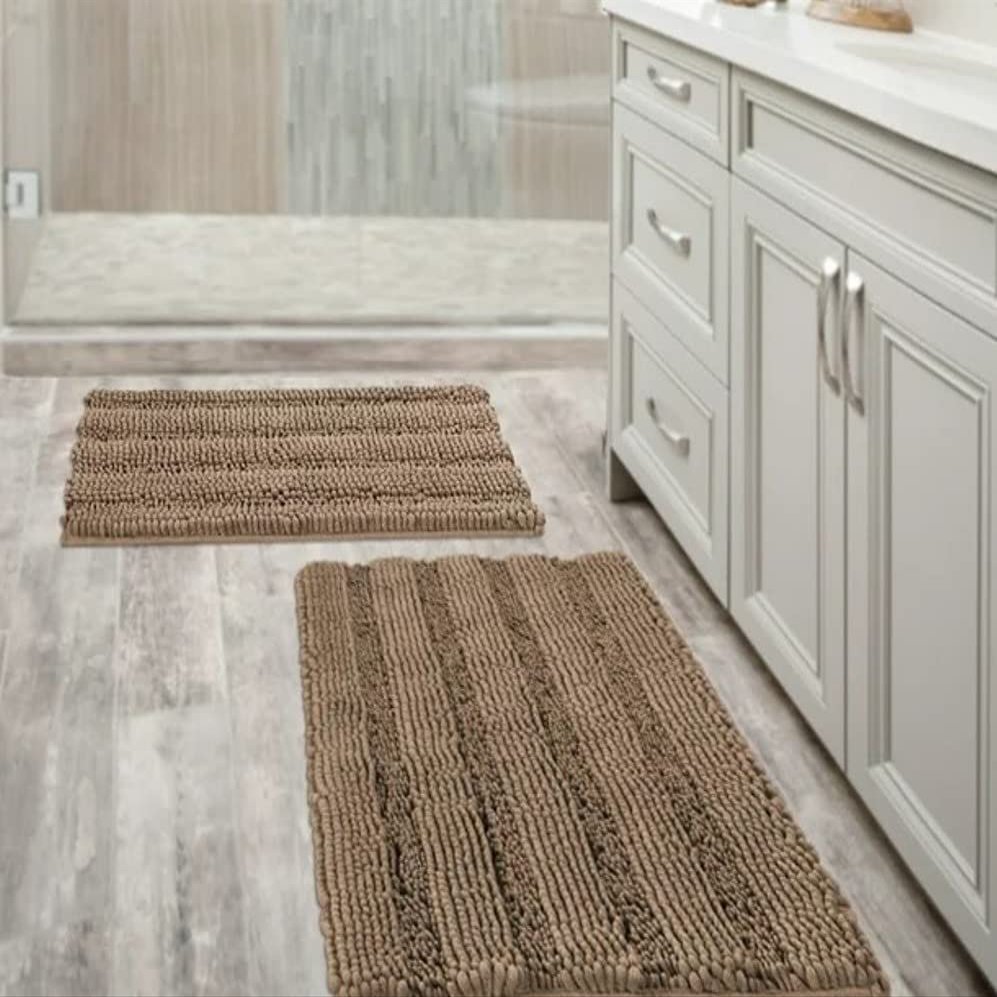 1 Piece Stylish Taupe Bathroom Rugs Non Slip 20 x 32 Plus 17" x 24" Size Shaggy Striped Extra Thick Luxurious Soft Tufted Surface Elegant Style Quick Dry Extra Absorbent | Pretty Brown Shade Durable