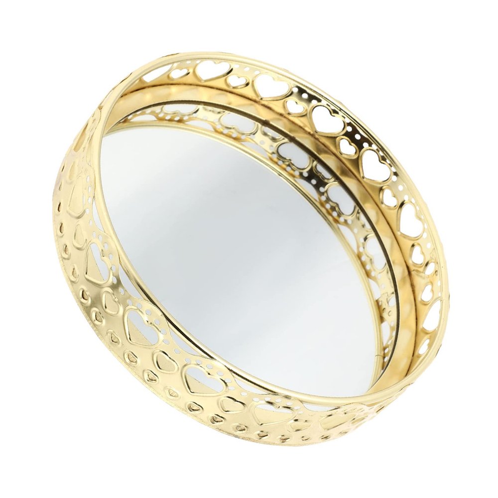 Elegant Gold Finish Iron Jewelry Cosmetics Storage Tray Mirror Home Decor Party Accessory