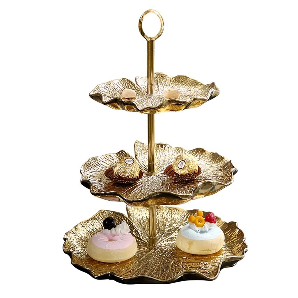 3 Tier Ceramic Cake Stand Serving Tray European-style Multi-layer Fruit Tray With Gold Carry Holder (Color : Gold, Size : 26 * 34cm)