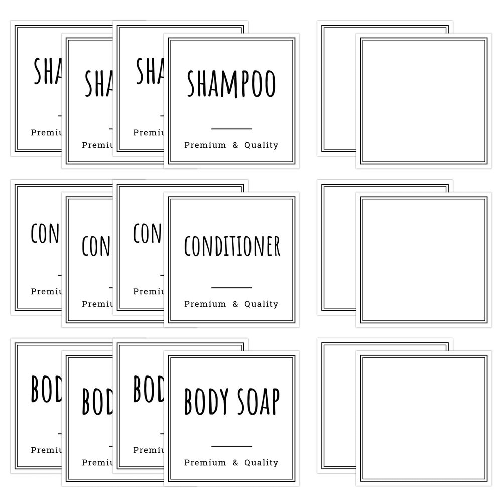 Segbeauty Waterproof Labels for Bottles, 18pcs Shampoo Conditioner White Label Stickers, Removable Self-Adhesive Soap Dispenser Stickers for Bathroom Kitchen Washstand Dresser Plastic Glass Bottle