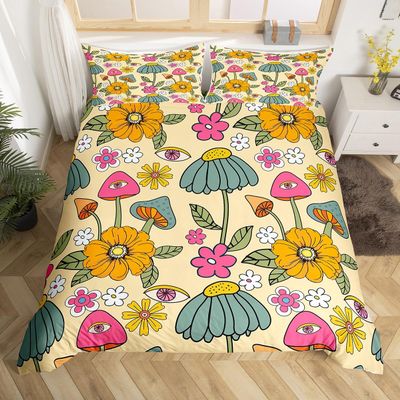 70s Retro Floral Full Size Kids Duvet Cover Set,Hippie Flowers Leaves Bedding Set for Girls Teens Bedroom Decorative ,Cartoon Eyes Mushroom Polyester Quilt Cover with 2 Pillowcases (No Comforter)