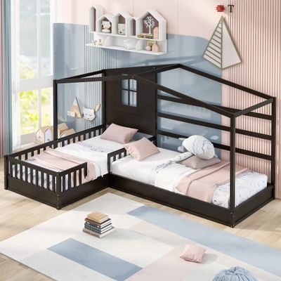 L-Shaped House Bed Daybed with Safety Full-Length Fence for Kids, Playhouse Design Wood Floor Bed with Decorative Canopy, Sturdy Slat Support, Maximize Space (Espresso)