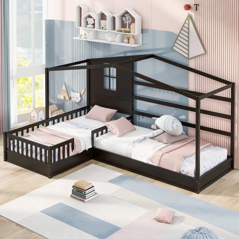 L-Shaped House Bed Daybed with Safety Full-Length Fence for Kids, Playhouse Design Wood Floor Bed with Decorative Canopy, Sturdy Slat Support, Maximize Space (Espresso)