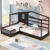 L-Shaped House Bed Daybed with Safety Full-Length Fence for Kids, Playhouse Design Wood Floor Bed with Decorative Canopy, Sturdy Slat Support, Maximize Space (Espresso) view 1