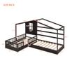 L-Shaped House Bed Daybed with Safety Full-Length Fence for Kids, Playhouse Design Wood Floor Bed with Decorative Canopy, Sturdy Slat Support, Maximize Space (Espresso) view 2