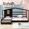 L-Shaped House Bed Daybed with Safety Full-Length Fence for Kids, Playhouse Design Wood Floor Bed with Decorative Canopy, Sturdy Slat Support, Maximize Space (Espresso) view 3