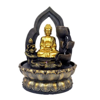 BNNP Indoor Tabletop Fountains Handmade Resin Gold Buddhist Statue Led Lucky Feng Shui Mascot Desktop Water Fountains Creative Home Decorations Decoration Meditation Fountain