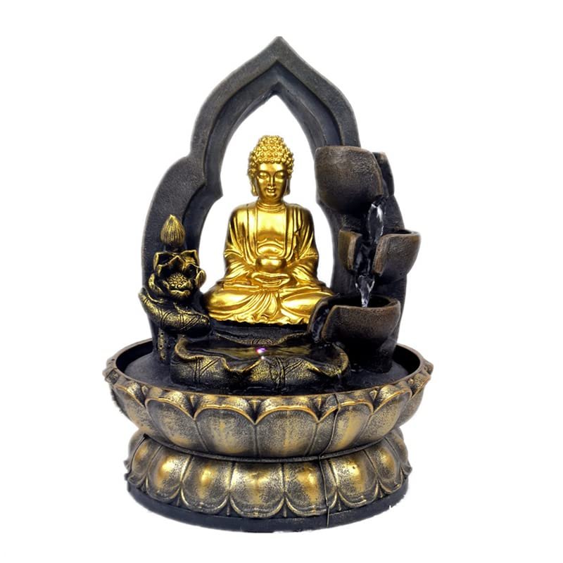 BNNP Indoor Tabletop Fountains Handmade Resin Gold Buddhist Statue Led Lucky Feng Shui Mascot Desktop Water Fountains Creative Home Decorations Decoration Meditation Fountain