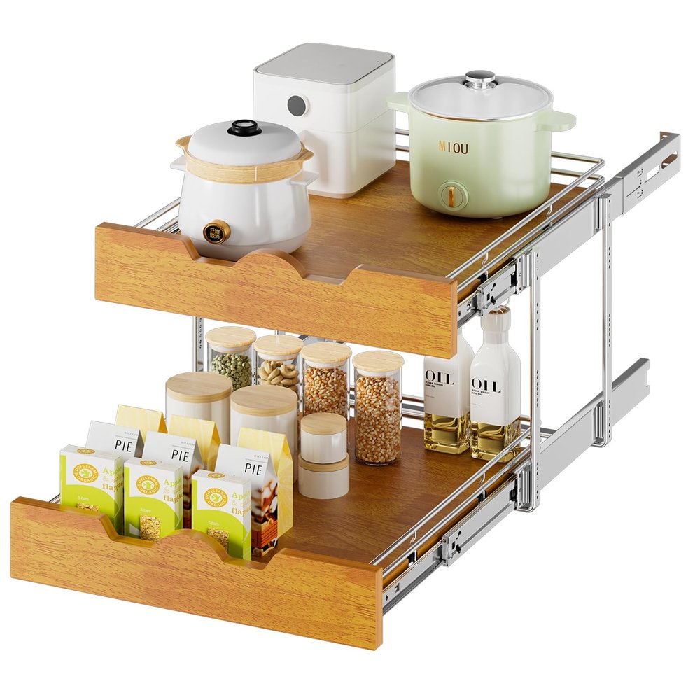 DINDON 2 Tier Pull Out Cabinet Organizer (20" W x 21" D) Slide Out Wood Shelf Double Tier Kitchen Wire Basket with Chrome Finish