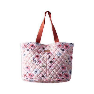 Maison d' Hermine Shopping Bag Cotton Quilted Tote Bag with Zipper Pockets & Small Pouch Reusable Shoulder Grocery Bag Beach Travel Perfect for Easter Gifts Men Women (Romantic Poppy - Saumon)