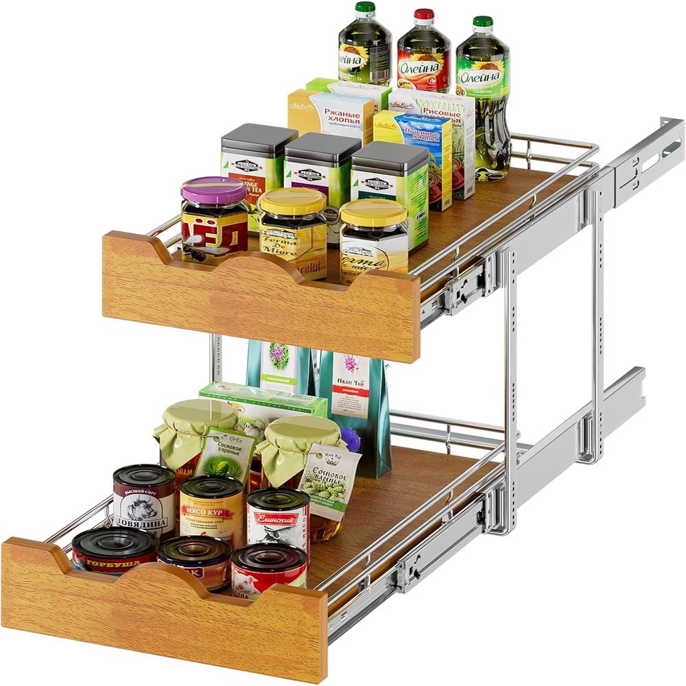 DINDON 2 Tier Pull Out Cabinet Organizer (14" W x 21" D) Slide Out Wood Shelf Double Tier Kitchen Wire Basket with Chrome Finish
