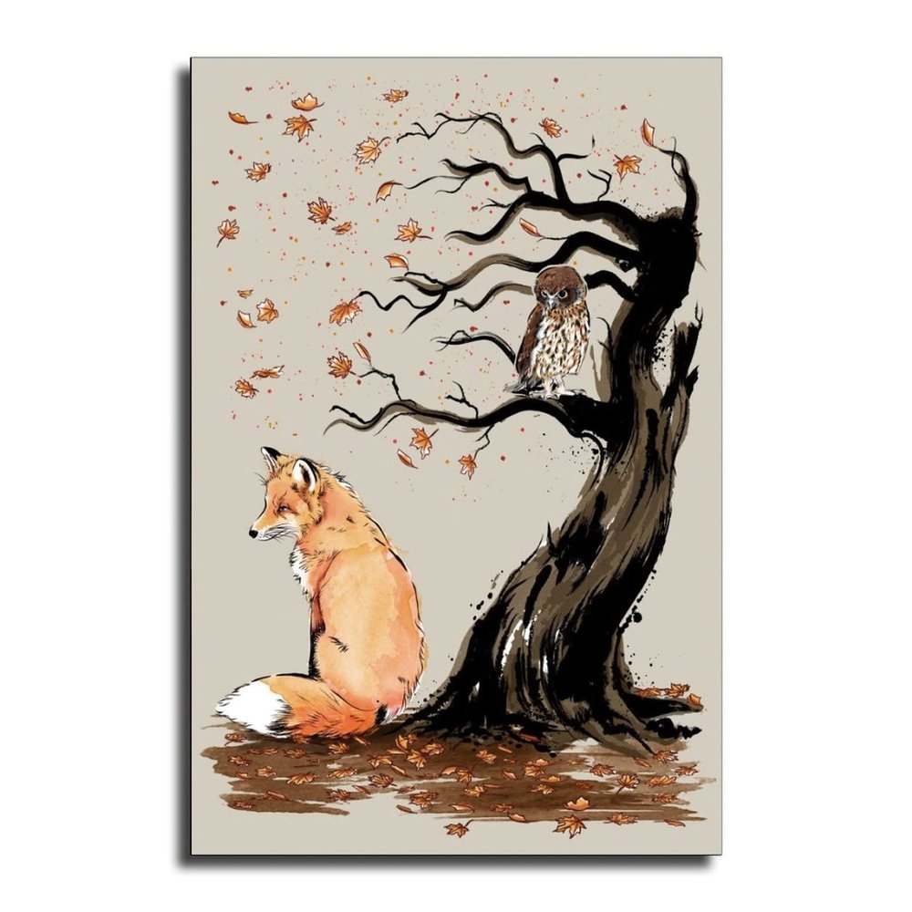 ZBIN Winds of Autumn Wall Art Owl Fallen Leaves Canvas Print Posters Home Decor Painting Pictures Living Room Bedroom Decorative Poster 12x18inch Frameless
