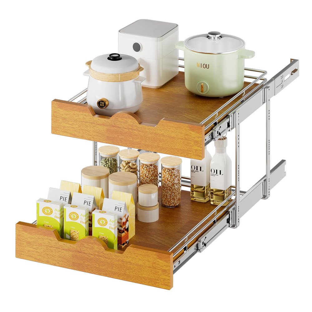 DINDON 2 Tier Pull Out Cabinet Organizer (17" W x 21" D) Slide Out Wood Shelf Double Tier Kitchen Wire Basket With Chrome Finish