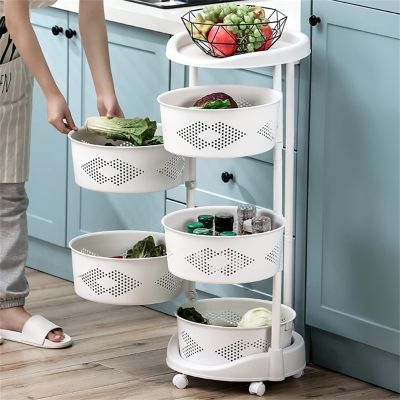SanBouSi 5 Tier Rolling Kitchen Cart Rotating Storage Rack Fruit and Vegetable Storage Organizer Utility Storage Cart Adjustable Height, White