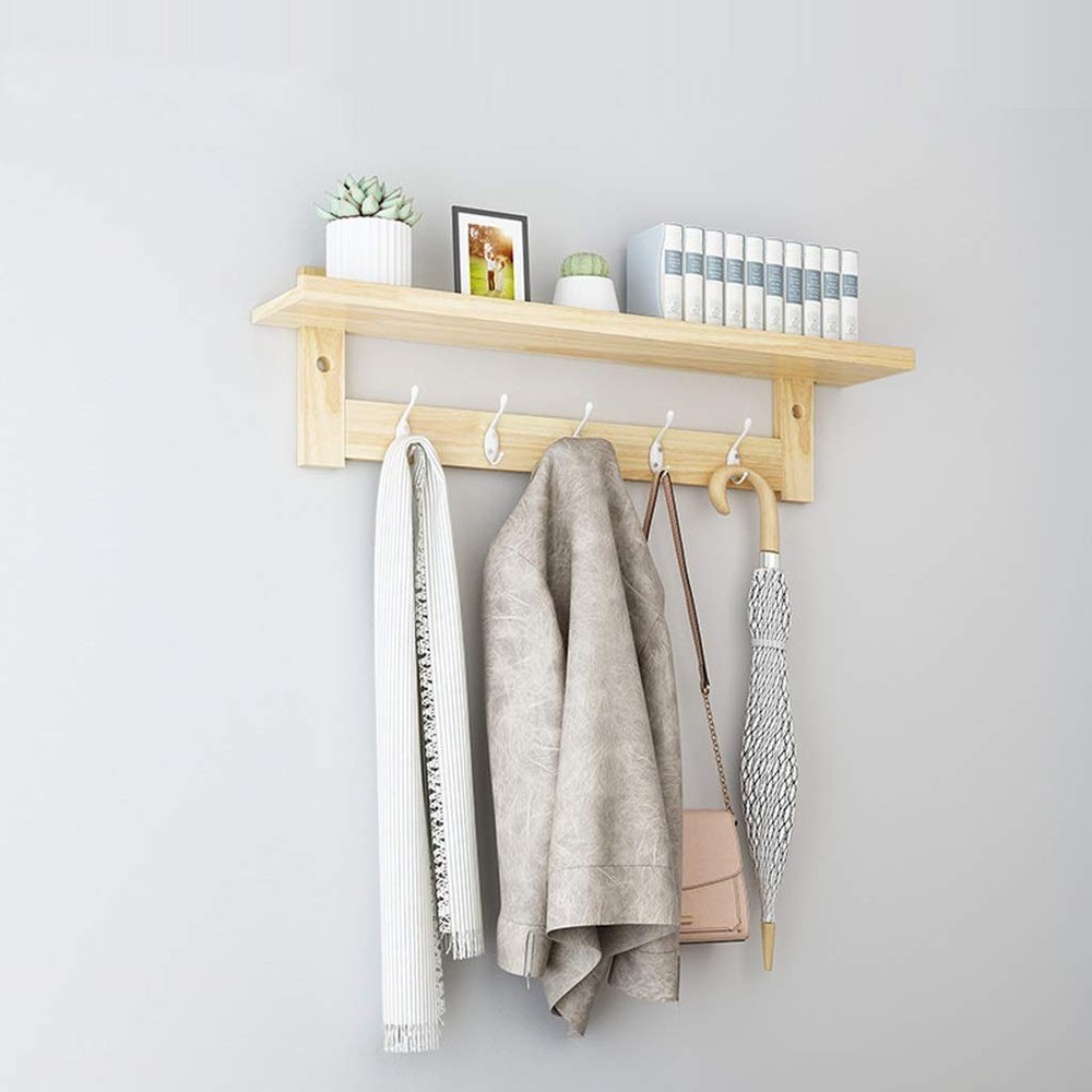 rUrEu Modern Wall Mounted Coat and Hat Rack 5 Hooks, Beautiful Wood Entryway Hanger Wooden Bedroom and Bathroom Robe Racks Durable, Easy Assembly, Classic Design/Wood Color/5 Hooks