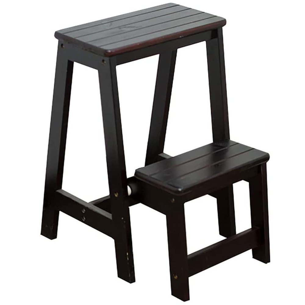 DASHADAO Indoor Climbing Stool, Household Goods 2 Steps Folding Step Ladder Wooden Ladder, Home Interior Stair Step Stool, Wooden Kitchen Step Chair Maximum Load 150Kg/White (Black)
