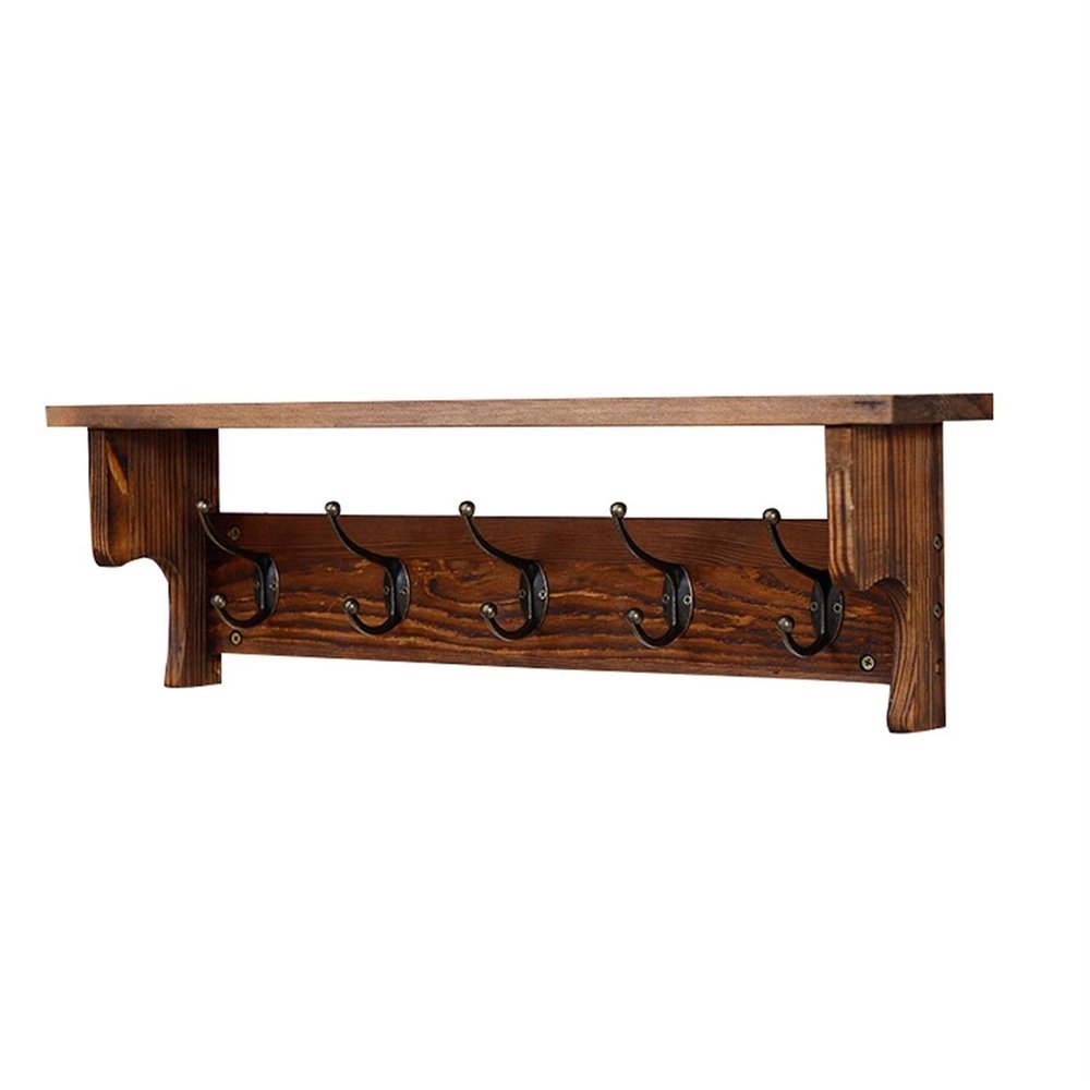 rUrEu Coat Rack with Shelf Wall Hooks, Coat Hooks for Wall with Shelf, Wooden Rustic Length Coat Rack Shelf with 5 Hooks for Entryway, Mudroom, Kitchen, Bathroom/Brown