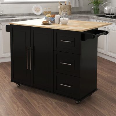 Kitchen Cart Utility Storage Trolley with Extensible Solid Wood Table Top and 3 Drawers, Kitchen Island on Wheels with Large Storage Cabinet and Inner Adjustable Shelves for Dining Room