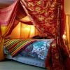 Bed Canopy Curtains Boho in Stock King Queen Size Bohemian red Gold Yellow Boho Decor Silk Sari Saree Curtains Red, Yellow/Gold view 1
