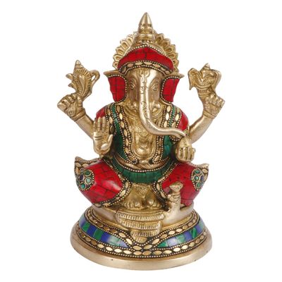 Brass Lord Ganesha Bhagwan with Large Ears Mangalkari Ganesh Idol Ganpati Murti Statue Home Office Entrance Decor Pooja in Multicolor Stone Work Height 8 Inch