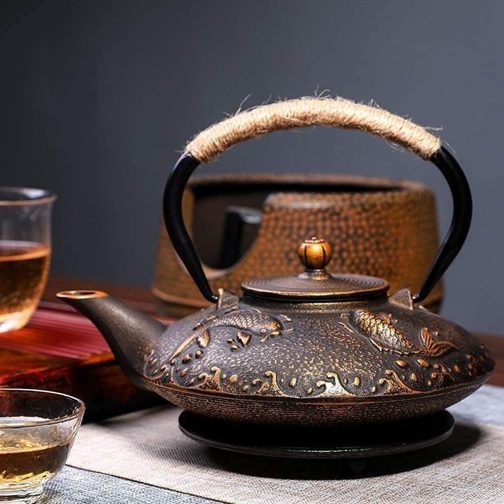 Teapot, Japanese Style Iron Teapot With Infuser Flat Iron Teapots Tea Kettle With Stainless Steel Infuser/Strainer Set, Anti Rust Enameled Interior, 900Ml RETR/D (Color : D)