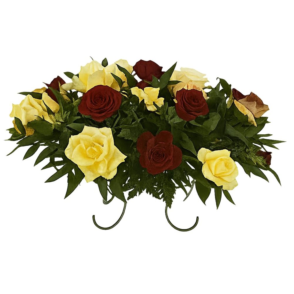 Cemetery Headstone Saddle Arrangement with Yellow Roses, Burgundy Peonies, and Swirl Roses