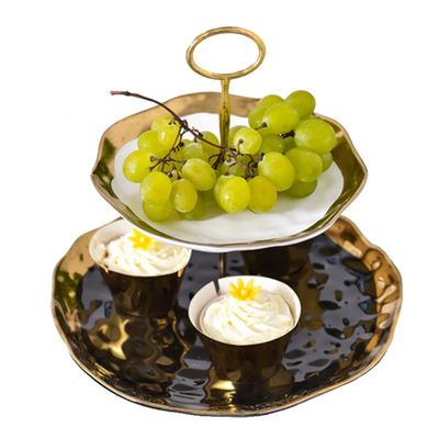 2-Tier Ceramic Cake Stand Dessert Display Stand Party Serving Tray Snack Platter Food Server Display Holder With Gold Carry Holder (Color : Black, Size : 27 * 25.5cm)