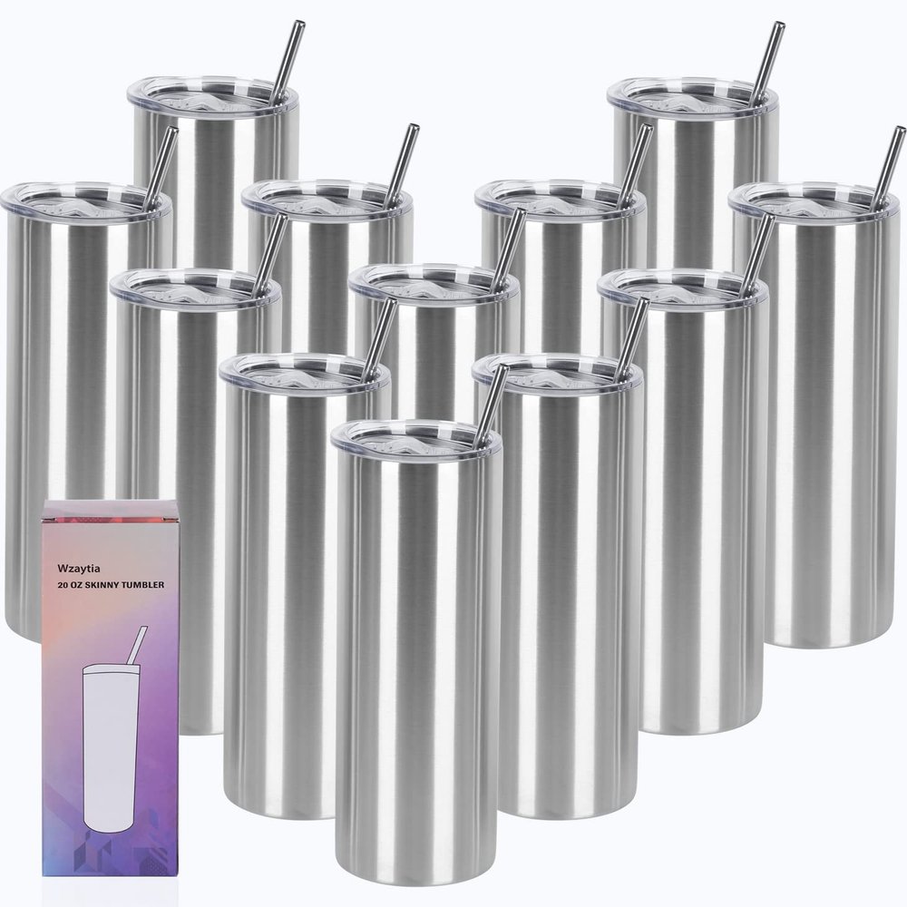 12 Pack 20 Oz Straight Skinny Tumblers,Individually Gift Boxed Stainless Steel Slim Skinny Tumbler Set Bulk, 20 Oz Insulated Slim Thin Travel Tumbler Cup for Diy, Silver