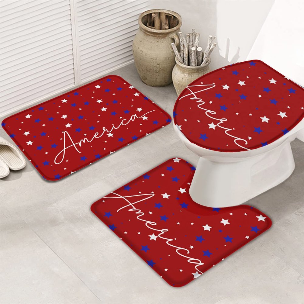 Wotrend Patriotic Star 3 Piece Bath Rugs Set Patriotic American Star Red Bathroom Mats Absorbent Contour Soft Mat Toilet Lid Cover Bathroom Decor Set, 20"x32"+16"x18"+16"x20"