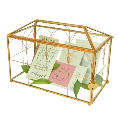 12.6x5.9x9.0inch Wedding Gold Glass Card Box with Lock and Slot - Envelope Card Holder for Reception Handmade Gold Decorative Box, Party Centerpiece Gift Card Box Handmade Wedding Card Box