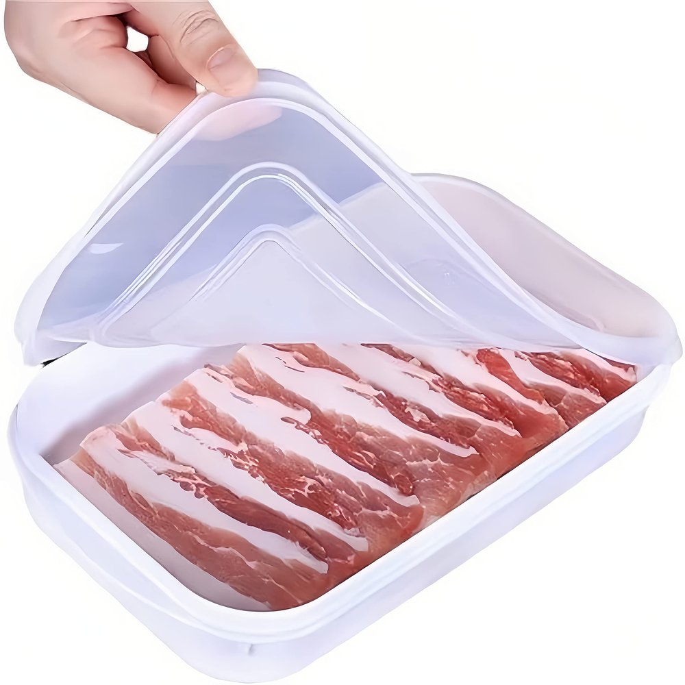 2 Pack Plastic Bacon Box, Deli Meat Saver Cold Cuts Fridge Keeper, Cheese Food Storage Container with Lid for Refrigerator, Shallow Low Profile Christmas Cookie Holder