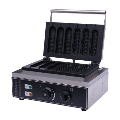 CNCEST Commercial Use Corn Dog Waffle Maker, 110V Electric Waffle Hot Dog Maker Iron Baker Machine, Stainless Steel Cheese Stick Press Iron, 50-300 Temp Control, Two Patterned Baking Pans(6 Hot Dogs)