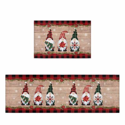 Christmas Kitchen Rugs Absorbent Non-skid Kitchen Mats for Floor, Merry Christmas Gnomes and Snowflakes Vintage Wood Grain Red Plaid Kitchen Rugs and Mats Farmhouse Washable Kitchen Runner