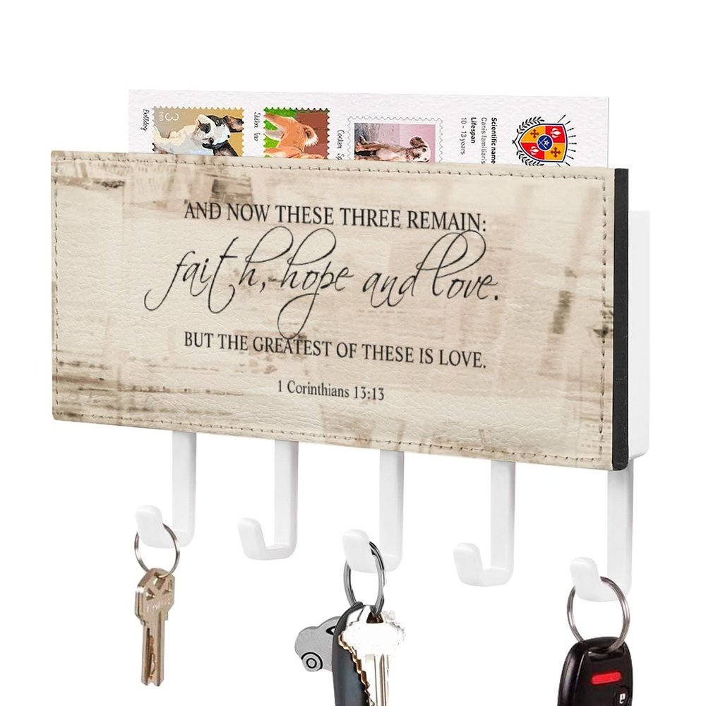 and Now These Three Remain Faith Key Holder Wall Mount Key Rack Christian Quote Self Adhesive Key Organizer Rack Classic Decor for Kitchen Mudroom Hallway Entryway 7x4 inch