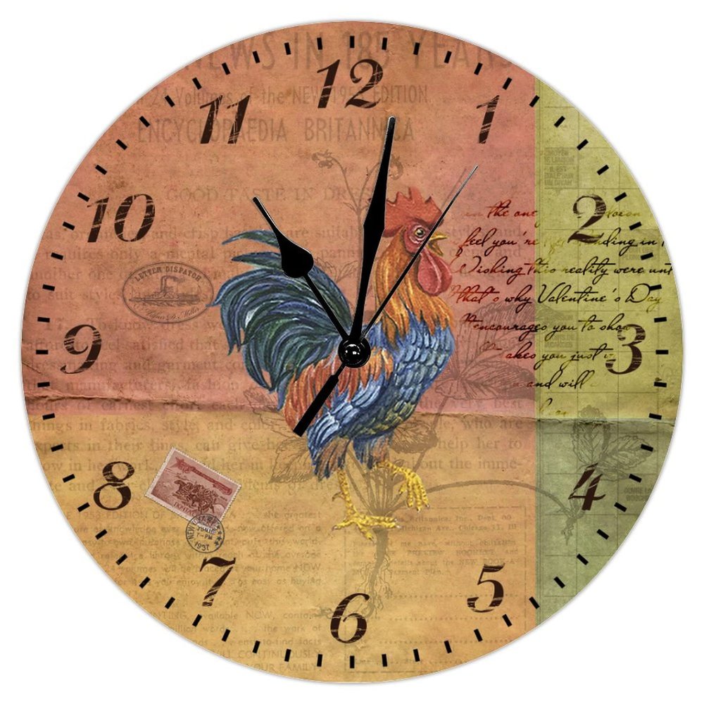 Farm Rustic Rooster Wall Clock Kitchen Clock Fresh Farm 9 Inch Wall Clocks Battery Operated Non-Ticking Roman Numerals Ancient Farm Wall Decor Home Decor for Bedroom Living Room Office