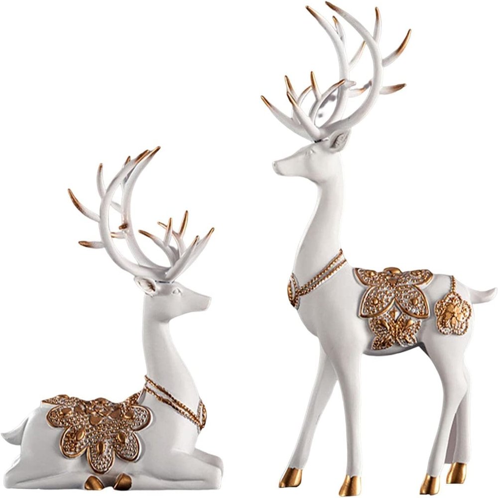 2pcs Couple Reindeer Sculpture Reindeer Figurines Modern Deer Statue Reindeer Ornament for Christmas Table Living Room Decorations - White