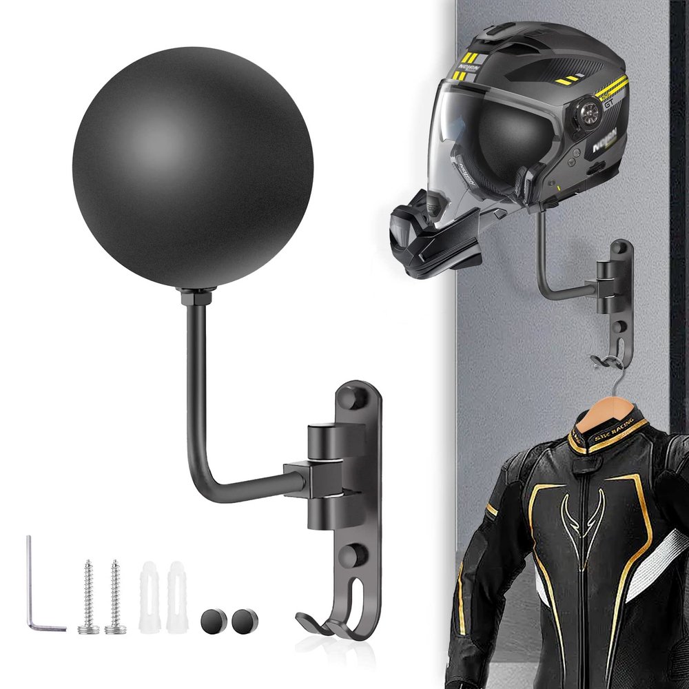 Motorcycle Helmet Holder Wall Mount 180 Degree Rotation Metal Bike Helmet Rack Mount Bicycle Helmet Display Stand Hanger with 2 Hooks Accessories for Motorcycle Baseball Rugby Helmet - Gray, 1 Pcs