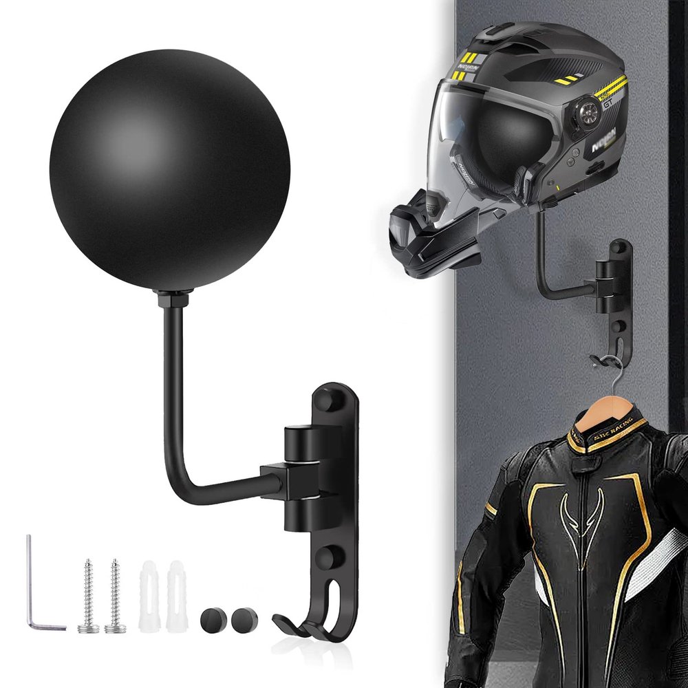 Kikerike Motorcycle Helmet Rack Wall Mount 180 Degree Rotation Metal Bike Helmet Holder Mount Bicycle Helmet Display Hanger Stand with 2 Hooks for Motorcycle Bike Baseball Rugby Helmet - Black, 1 Pcs