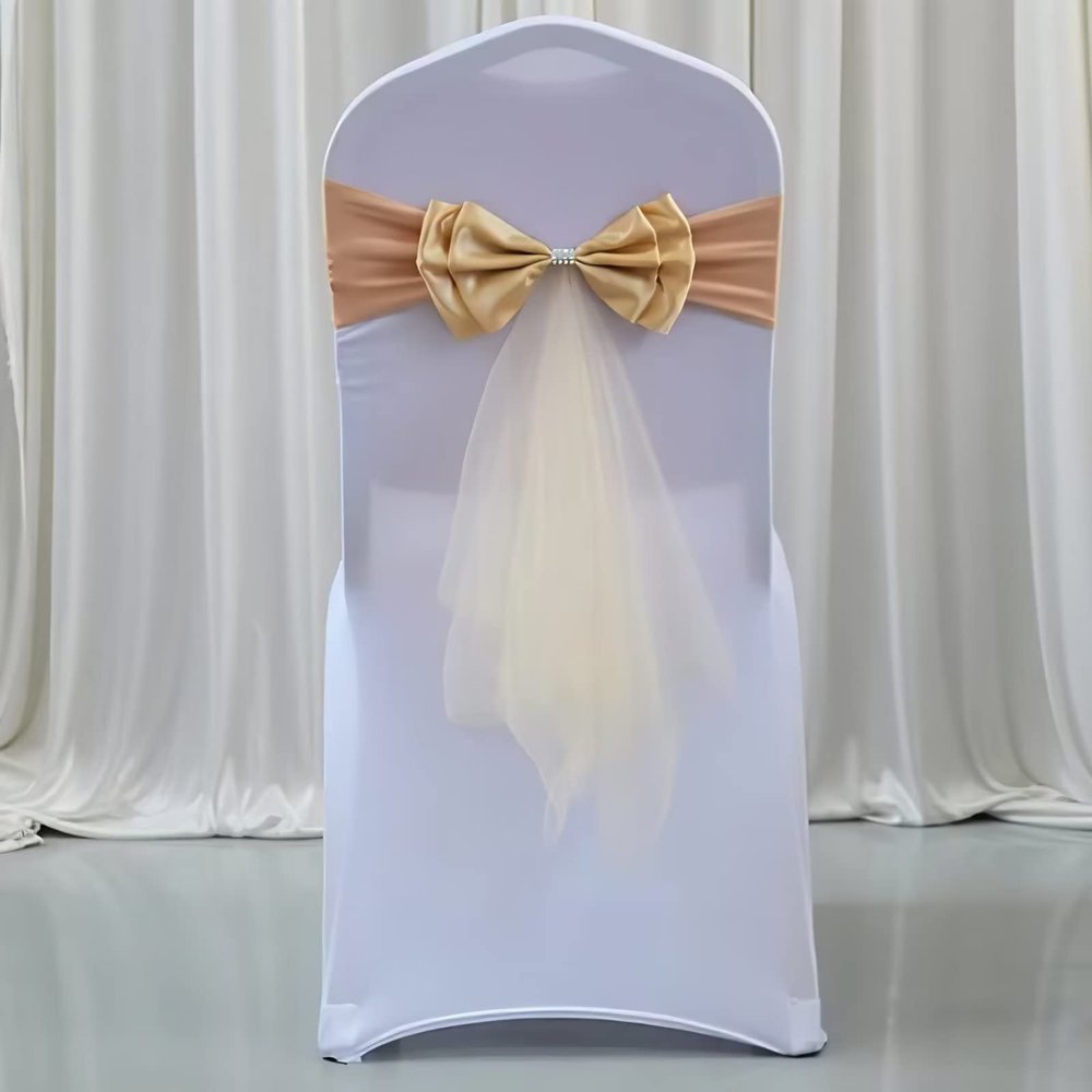 50Pcs Stretch Satin Chair Sashes Bows Chair Bands Decor for Hotel Wedding Reception Party Event Chair Cover Decoration Champagne Gold
