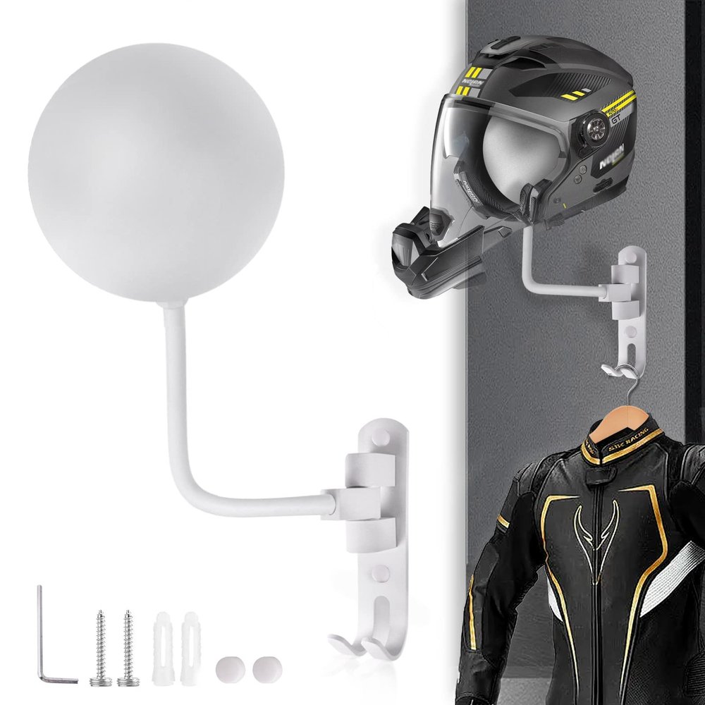 Kikerike Motorcycle Helmet Rack Wall Mount 180 Degree Rotation Metal Armet Holder Bicycle Burgonet Display Hanger Stand with 2 Hooks for Bike Baseball Rugby Helmet - White, 1 Pcs