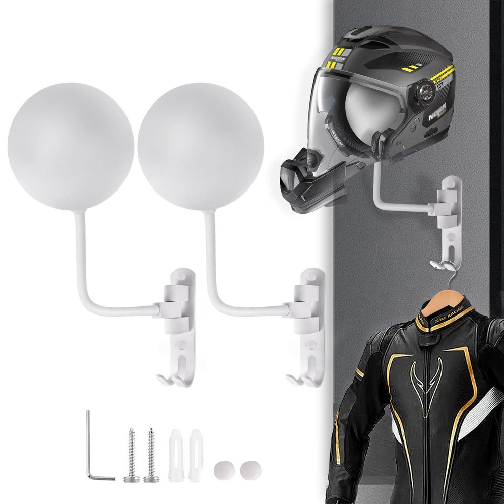 Kikerike Motorcycle Helmet Holder Wall Mount 180 Degree Rotation Metal Bike Helmet Rack Mount Bicycle Helmet Display Stand Hanger with 2 Hooks for Motorcycle Bike Baseball Rugby Helmet - White, 2 Pcs