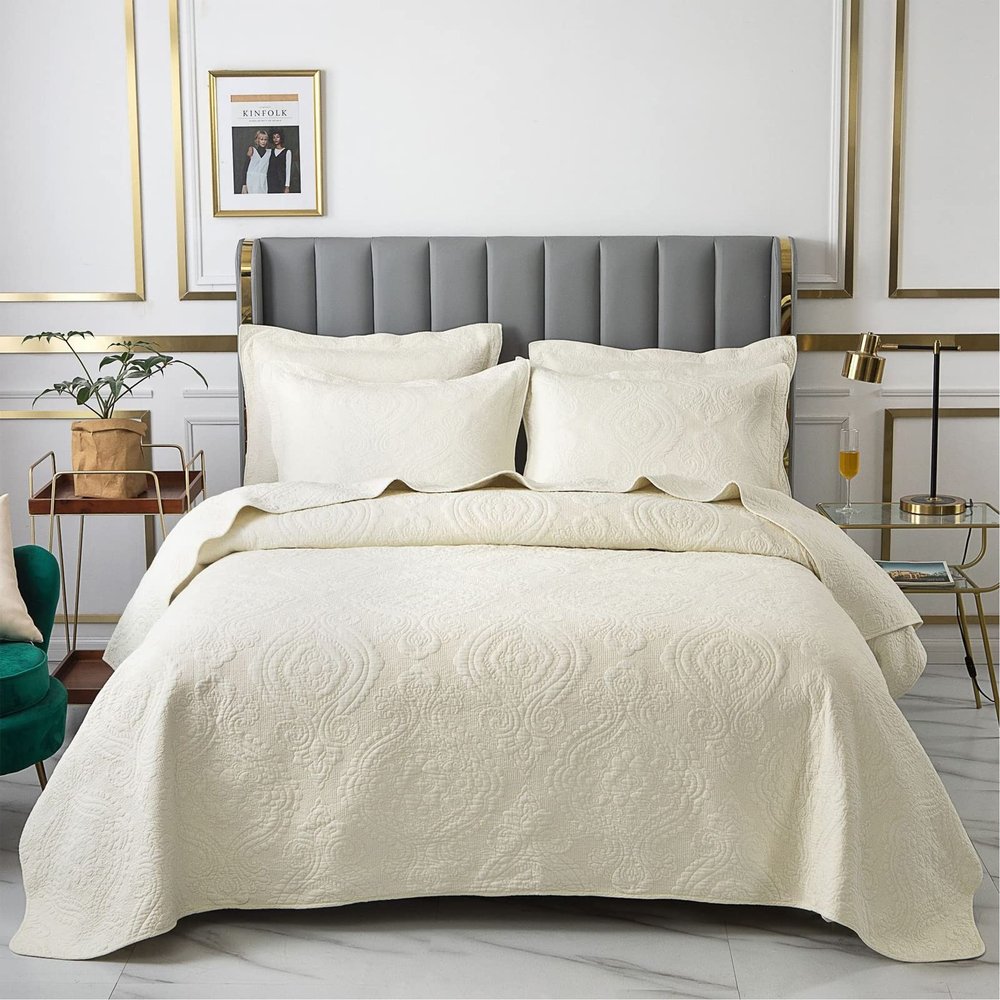 3-Piece Blue Quilt Set King Size, Coverlet Bedspread Bedding, Luxury Stitching Design, Soft Quilt Set, Fade Resistance, Double Sided Stitching Quilt Queen/King Size for All Season,Beige,King